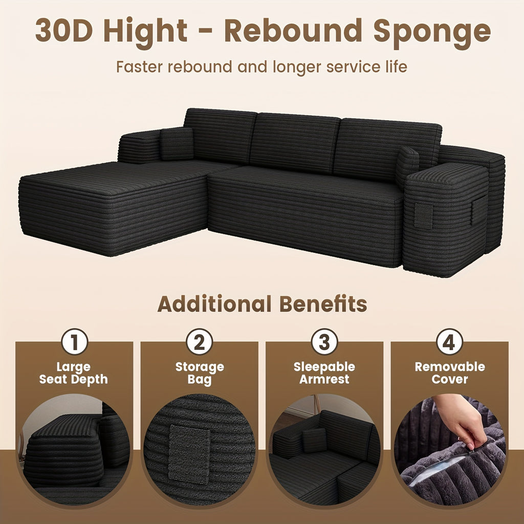 Modular Sectional Sofa With L-Shape Chaise, Frameless Cloud Couch With Deep Seat, Upholstered Couch With Memory Foam, Corduroy Fabric, Left Sectional Couches For Living Room & Home Office, 105\