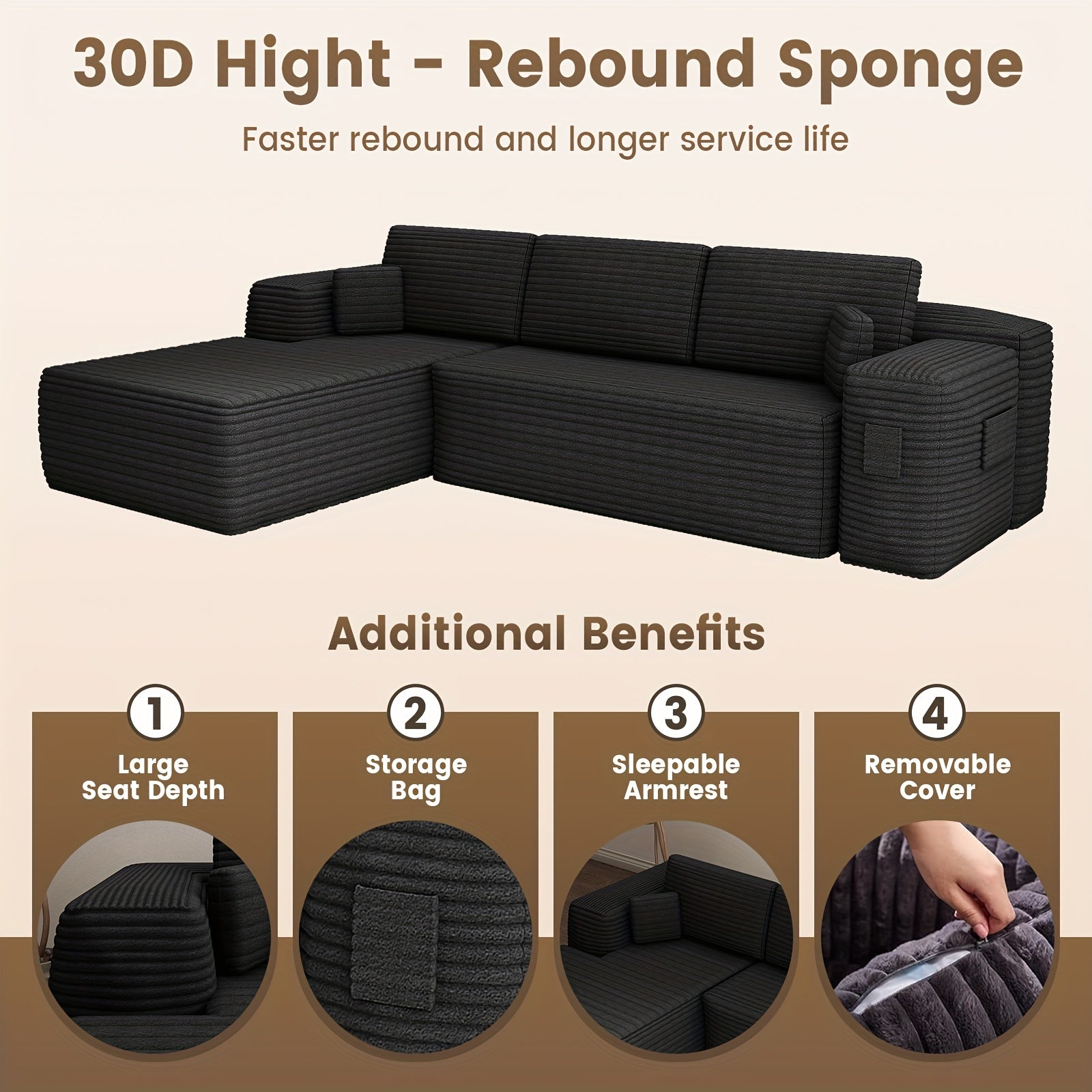 Modular Sectional Sofa With L-Shape Chaise, Frameless Cloud Couch With Deep Seat, Upholstered Couch With Memory Foam, Corduroy Fabric, Left Sectional Couches For Living Room & Home Office, 105\