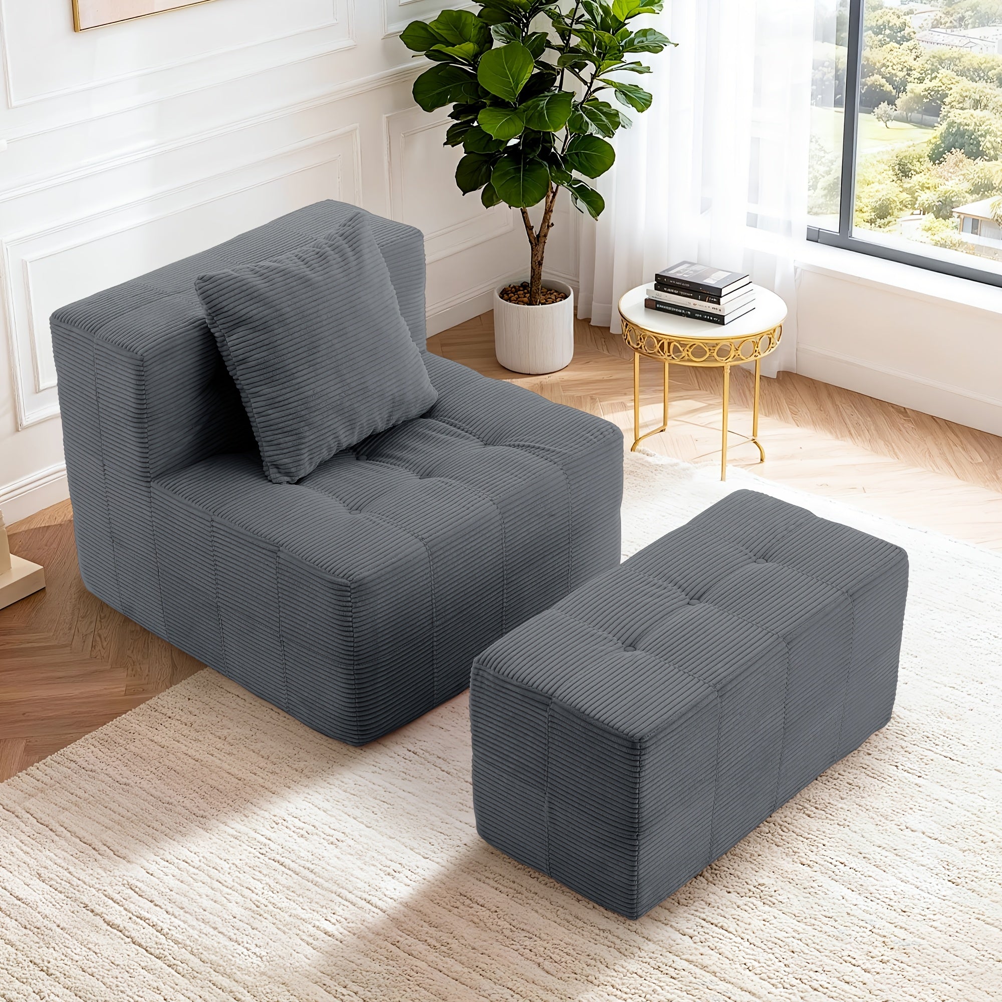 Modern Single Sofa With Footstool | 16-Inch Thick Corduroy Cushion, Armless Platform, Minimalist Beanbag Chair, Floor-Standing, Suitable For Small Spaces, Christmas Gift - Green, Non-Adjustable, Sponge Fill