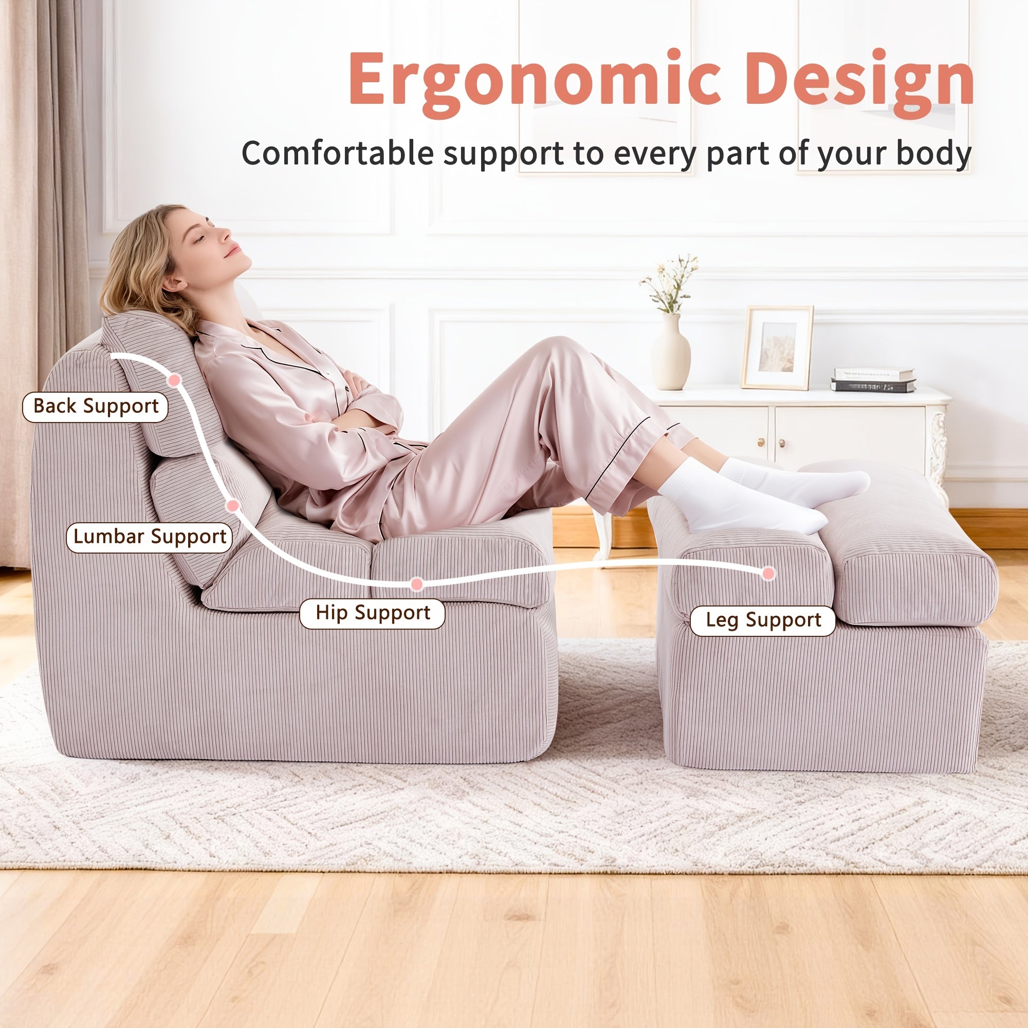 Single-seater Lazy Sofa with Footstool | Fluffy and Comfortable, Modern Corduroy Fabric, High-back, Bone-free, Solid Backrest, Floor Sofa, No Assembly Required, Pink, LNSENFIN