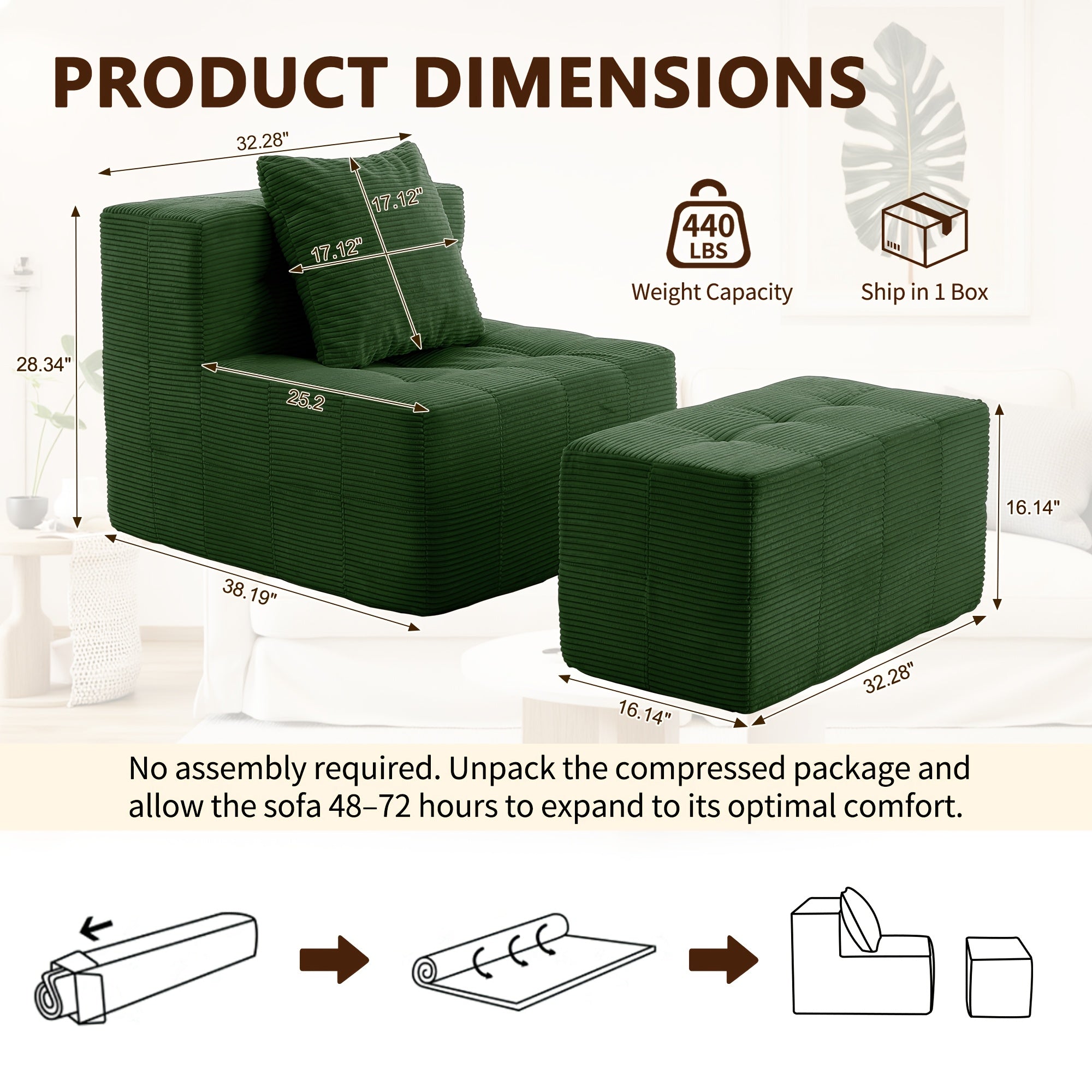 Modern Single Sofa With Footstool | 16-Inch Thick Corduroy Cushion, Armless Platform, Minimalist Beanbag Chair, Floor-Standing, Suitable For Small Spaces, Christmas Gift - Green, Non-Adjustable, Sponge Fill