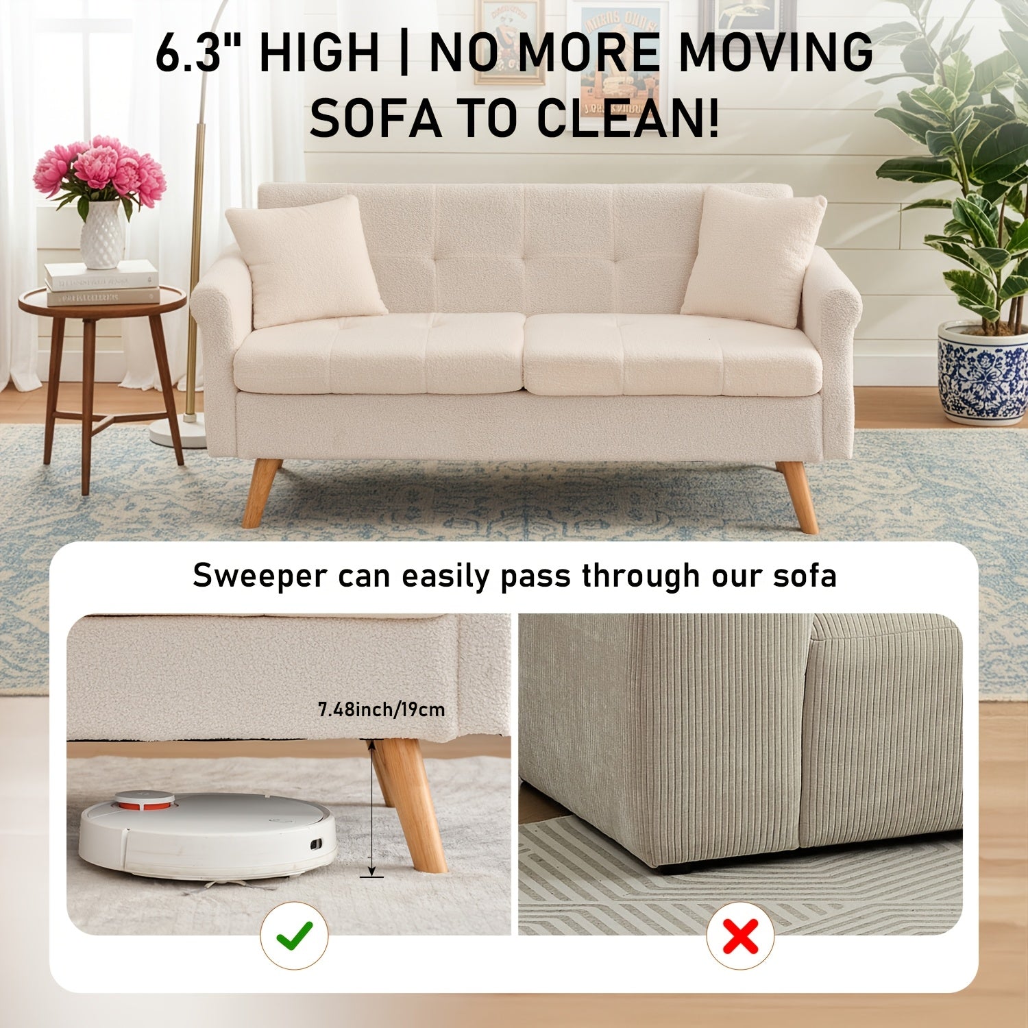Loveseat Sofa, Boucle Small Sofa For Living Room, Bedroom, Office, Couch For Living Room Button Tufted Upholstered Furniture, Space-Saving, Easy To Install, Chunky Boucle Fabric