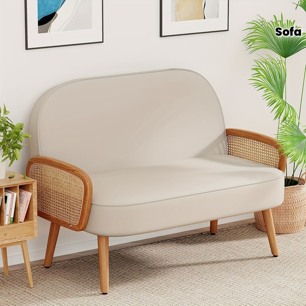 Modern White Faux Leather Loveseat with Natural Rattan Arms – 45\