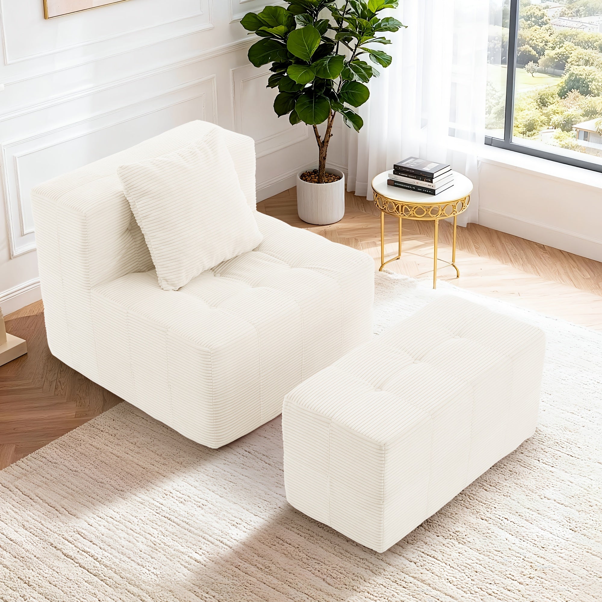 Modern Single Sofa With Footstool | 16-Inch Thick Corduroy Cushion, Armless Platform, Minimalist Beanbag Chair, Floor-Standing, Suitable For Small Spaces, Christmas Gift - Green, Non-Adjustable, Sponge Fill