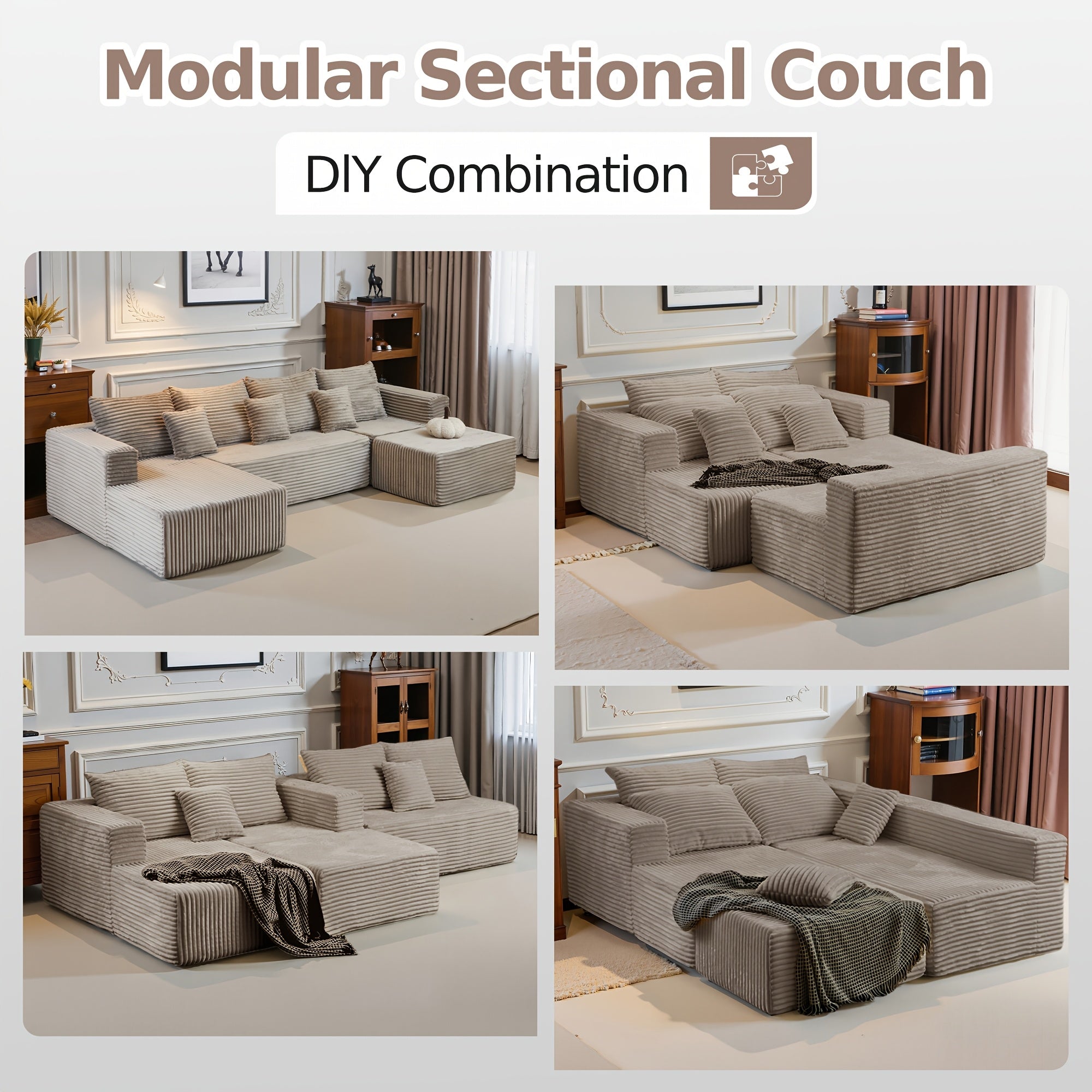 Large Sectional Cloud Couch. Modular Corduroy Sofa Bed With Deep Seat.U-Shaped Boneless Sofa Couches For LivingRoom & Apartment, Bedroom. No Assembly Required