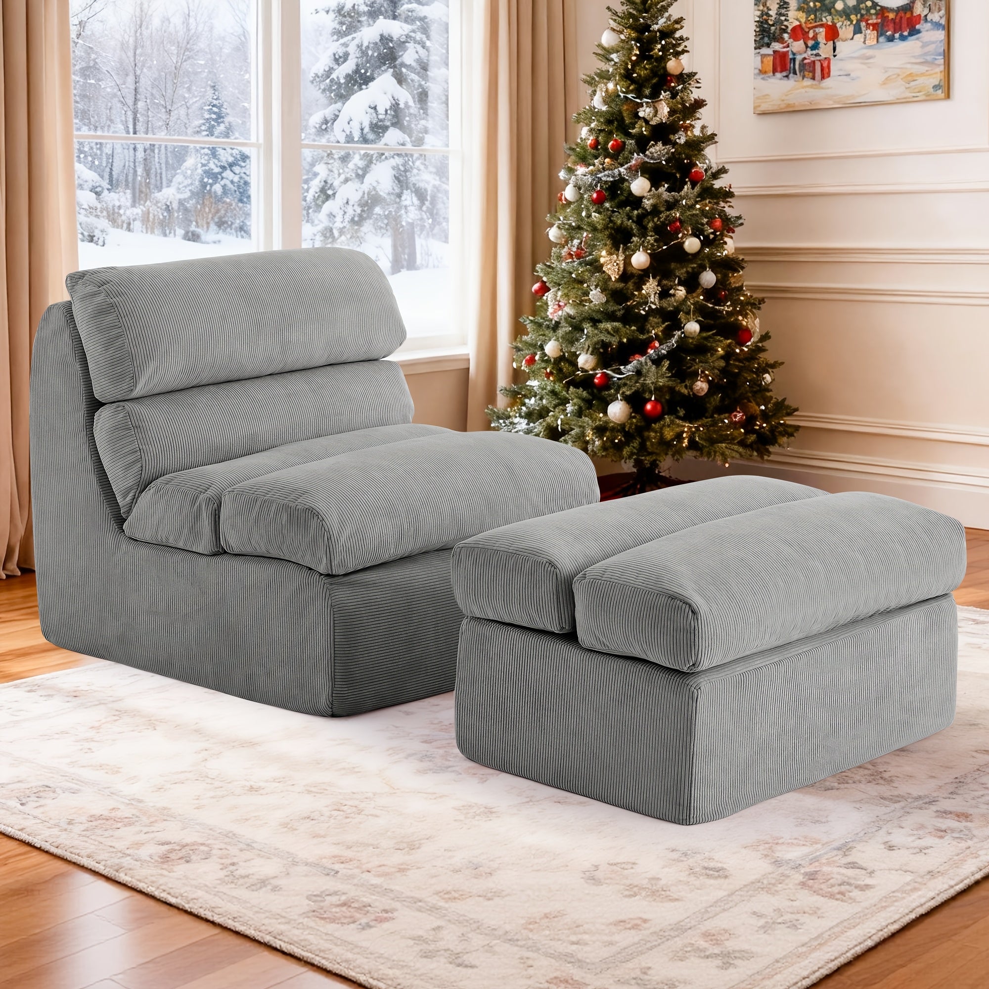 Single-seater Lazy Sofa with Footstool | Fluffy and Comfortable, Modern Corduroy Fabric, High-back, Bone-free, Solid Backrest, Floor Sofa, No Assembly Required, Pink, LNSENFIN