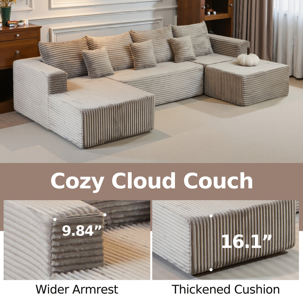 Large Sectional Cloud Couch. Modular Corduroy Sofa Bed With Deep Seat.U-Shaped Boneless Sofa Couches For LivingRoom & Apartment, Bedroom. No Assembly Required