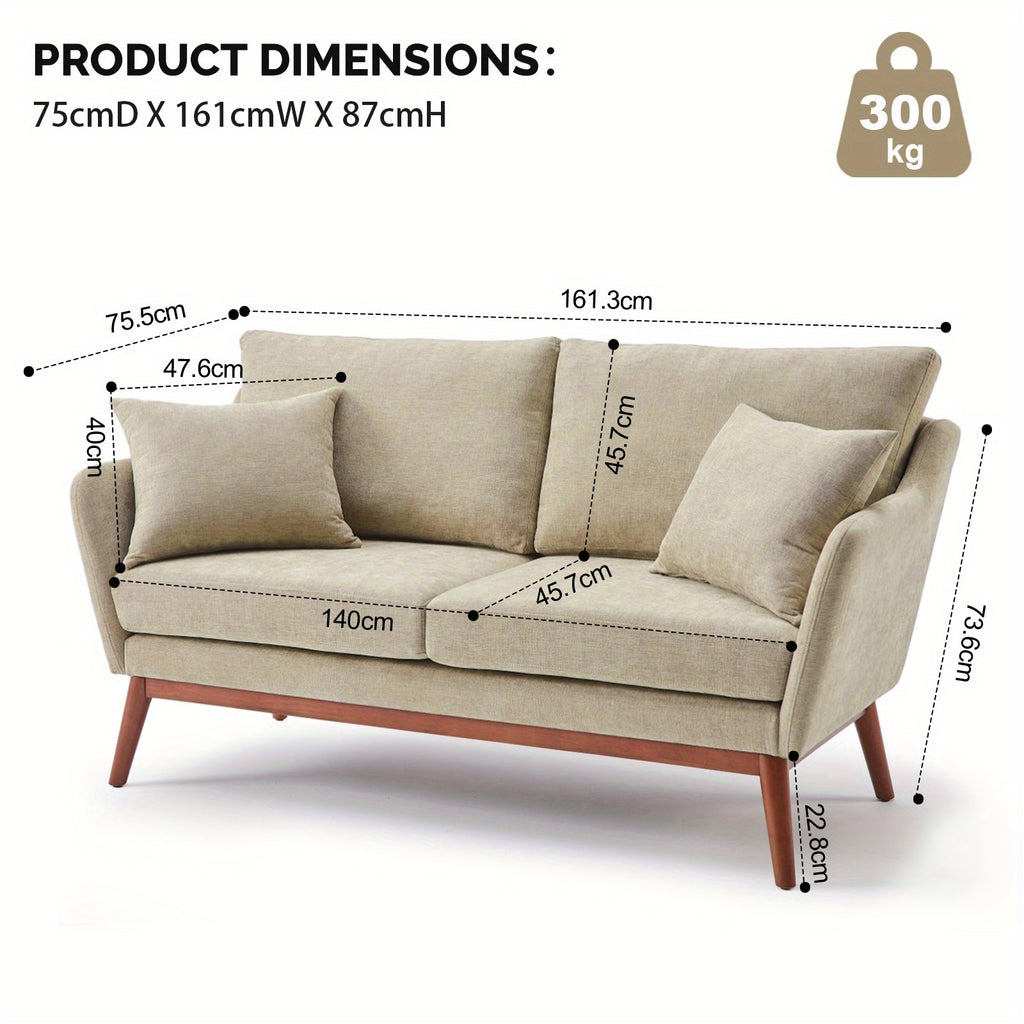 Bonnlo 2-Seater Love Seat Sofa with Solid Wood Frame & Linen Upholstery - Mid-Century Modern Minimalist Design, 2 Cushioned Seats & 2 Pillows