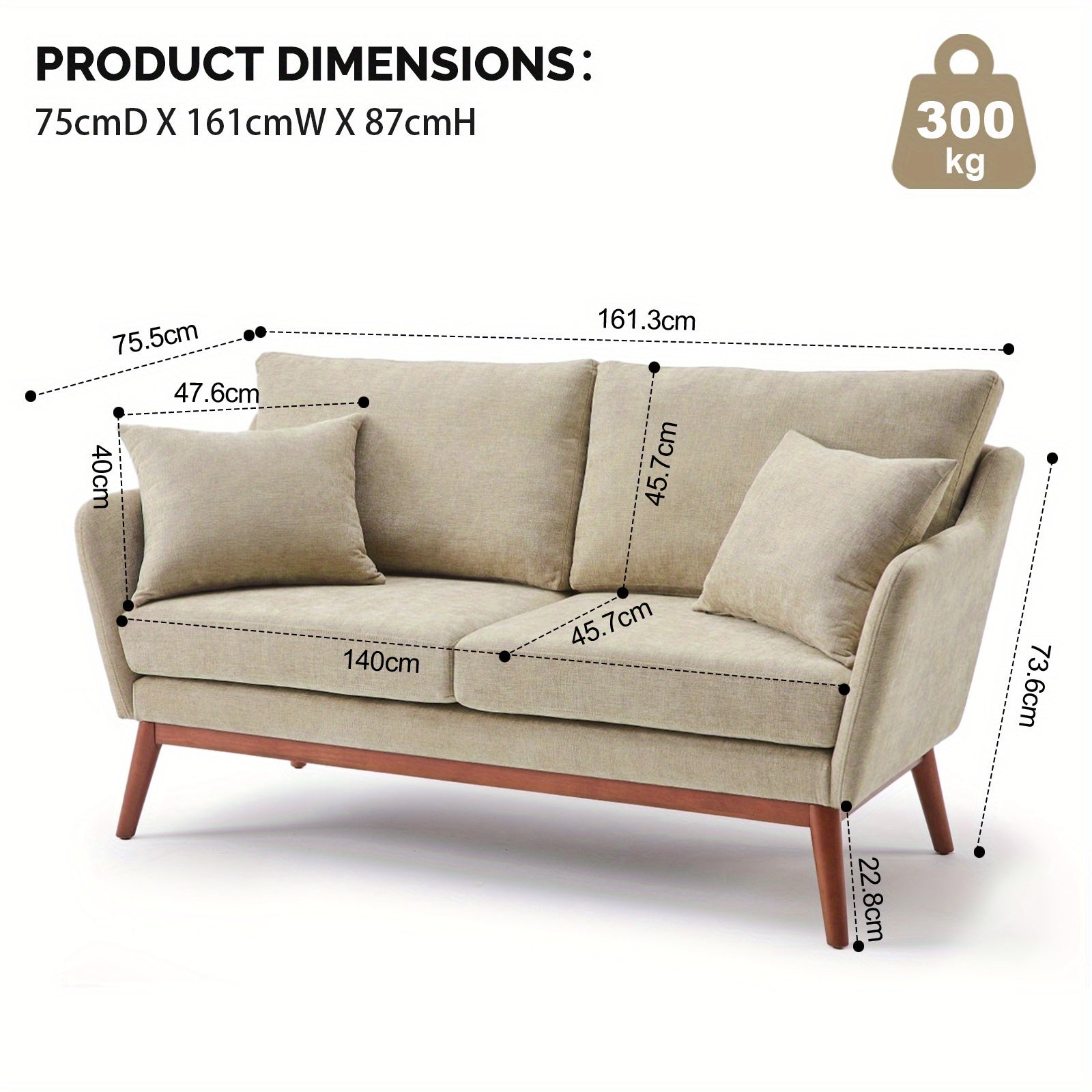 Bonnlo 2-Seater Love Seat Sofa with Solid Wood Frame & Linen Upholstery - Mid-Century Modern Minimalist Design, 2 Cushioned Seats & 2 Pillows