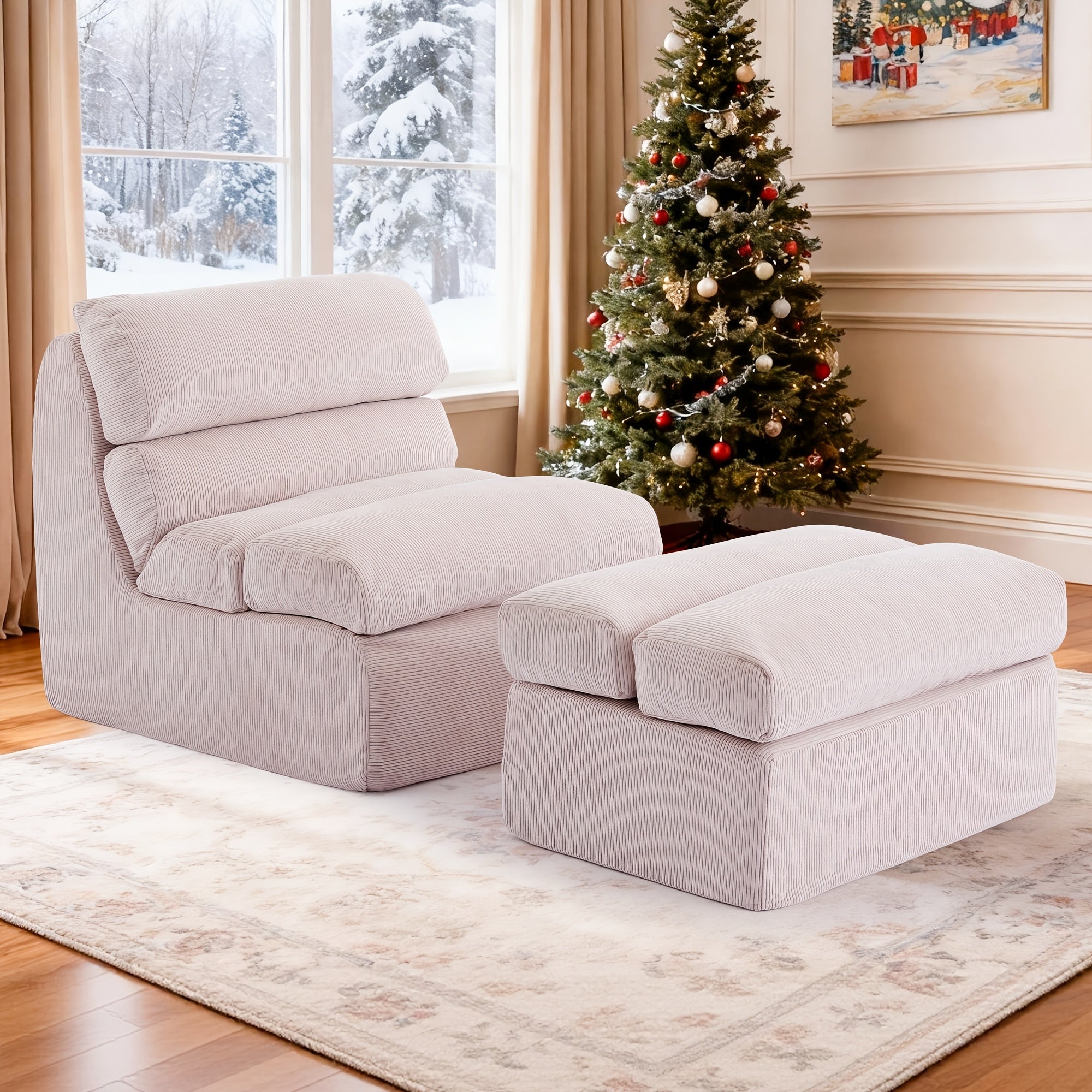 Single-seater Lazy Sofa with Footstool | Fluffy and Comfortable, Modern Corduroy Fabric, High-back, Bone-free, Solid Backrest, Floor Sofa, No Assembly Required, Pink, LNSENFIN