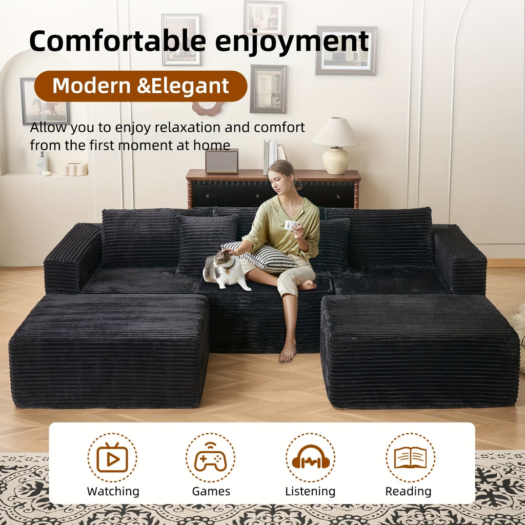 Modular U-Shaped Sofa Modular U-Shaped 110.24-inch Combination Sofa | Striped Fabric Four-Seater with Lounge Chair, Soft Cushion for Living Room & Bedroom - Corduroy, Free-Combination (Black\u002FGray)