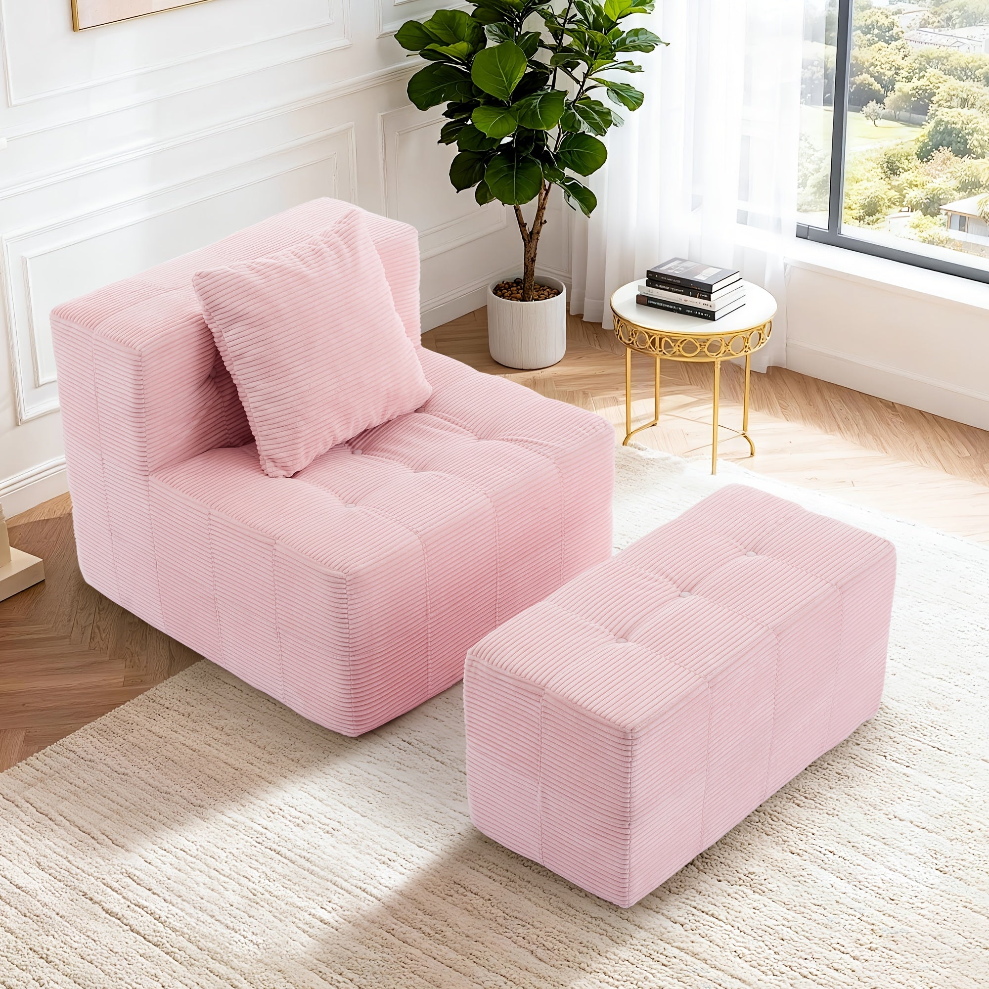Modern Single Sofa With Footstool | 16-Inch Thick Corduroy Cushion, Armless Platform, Minimalist Beanbag Chair, Floor-Standing, Suitable For Small Spaces, Christmas Gift - Green, Non-Adjustable, Sponge Fill