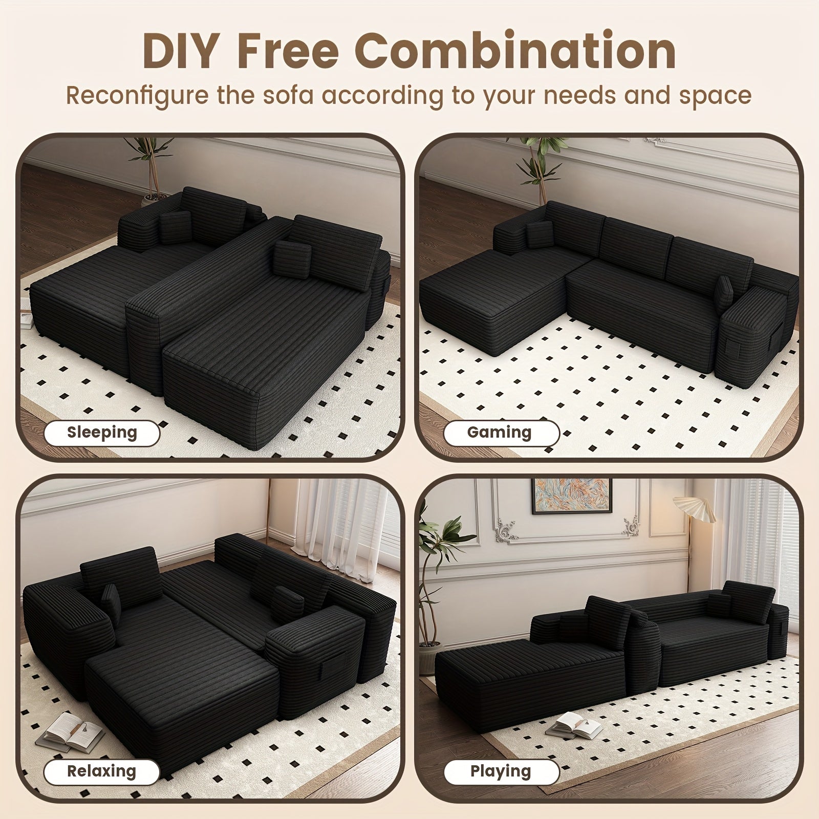 Modular Sectional Sofa With L-Shape Chaise, Frameless Cloud Couch With Deep Seat, Upholstered Couch With Memory Foam, Corduroy Fabric, Left Sectional Couches For Living Room & Home Office, 105\