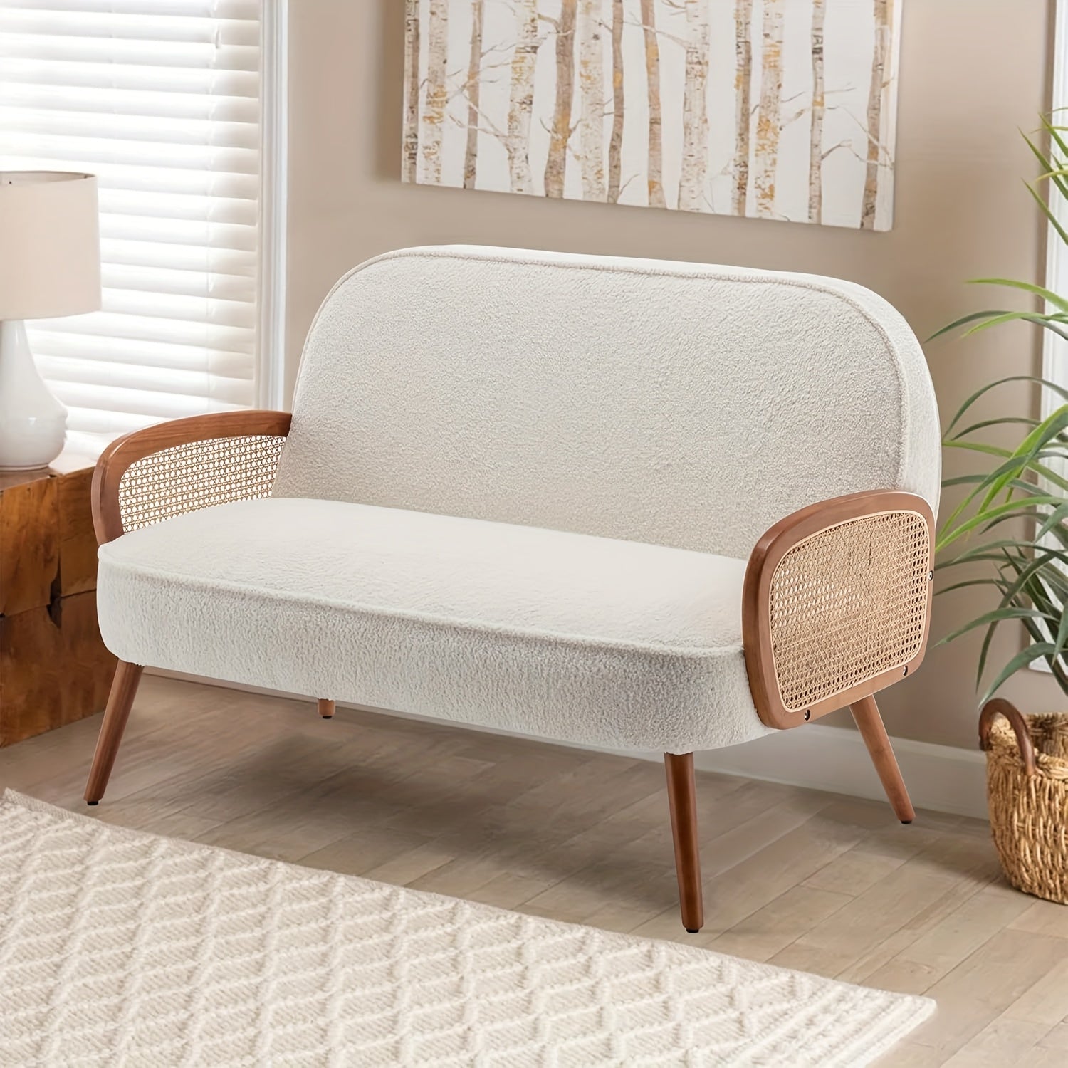 Modern White Faux Leather Loveseat with Natural Rattan Arms – 45\