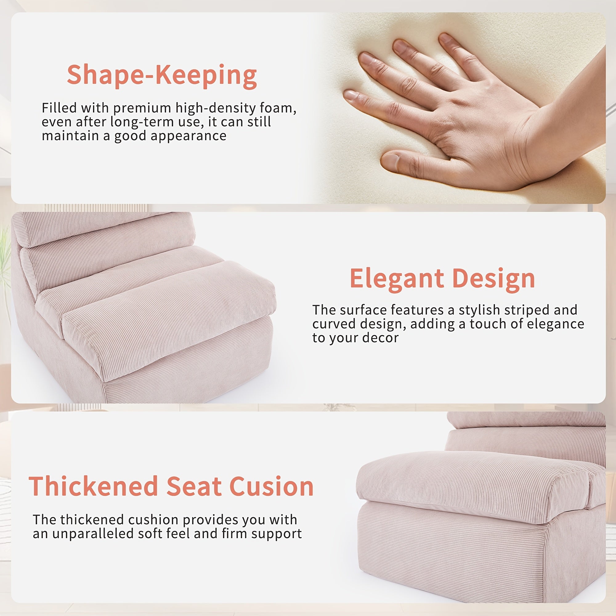 Single-seater Lazy Sofa with Footstool | Fluffy and Comfortable, Modern Corduroy Fabric, High-back, Bone-free, Solid Backrest, Floor Sofa, No Assembly Required, Pink, LNSENFIN