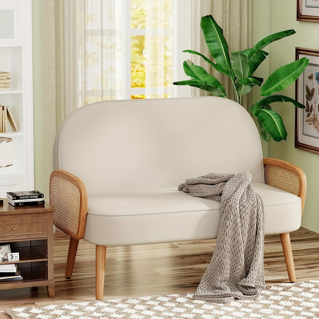 Modern White Faux Leather Loveseat with Natural Rattan Arms – 45\