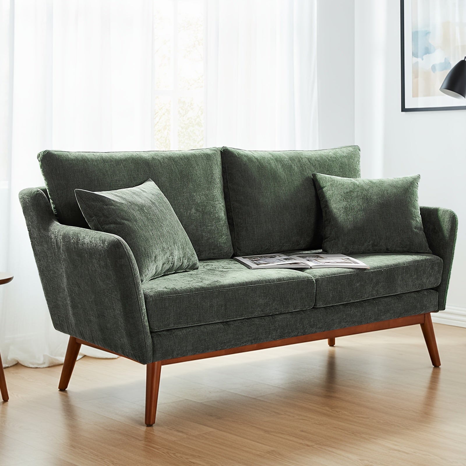 Bonnlo 2-Seater Love Seat Sofa with Solid Wood Frame & Linen Upholstery - Mid-Century Modern Minimalist Design, 2 Cushioned Seats & 2 Pillows