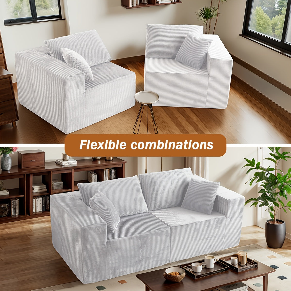 Sofa Cloud Couch 2pcs Set: Ultra Soft Stretchy Ribbed Loveseat That Separates Into Two Individual Chairs for Flexible Living Room, Bedroom, Or Apartment Seating