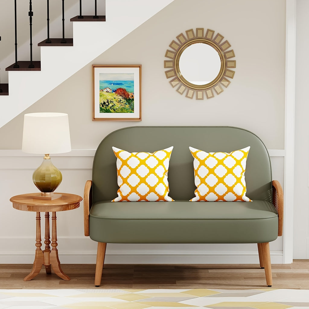 Modern White Faux Leather Loveseat with Natural Rattan Arms – 45\