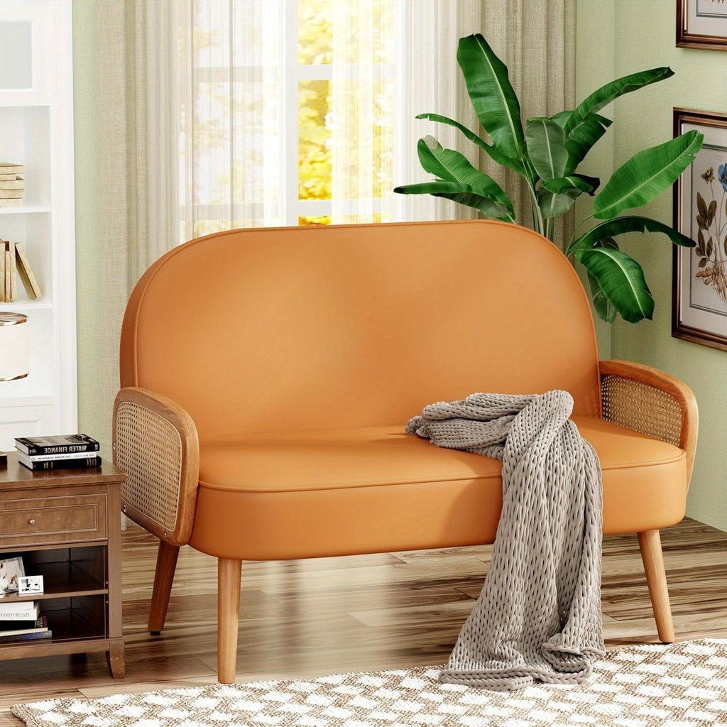 Modern White Faux Leather Loveseat with Natural Rattan Arms – 45\