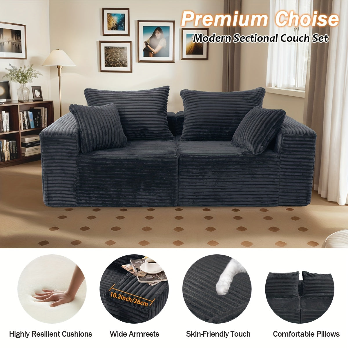 Sofa Cloud Couch 2pcs Set: Ultra Soft Stretchy Ribbed Loveseat That Separates Into Two Individual Chairs for Flexible Living Room, Bedroom, Or Apartment Seating