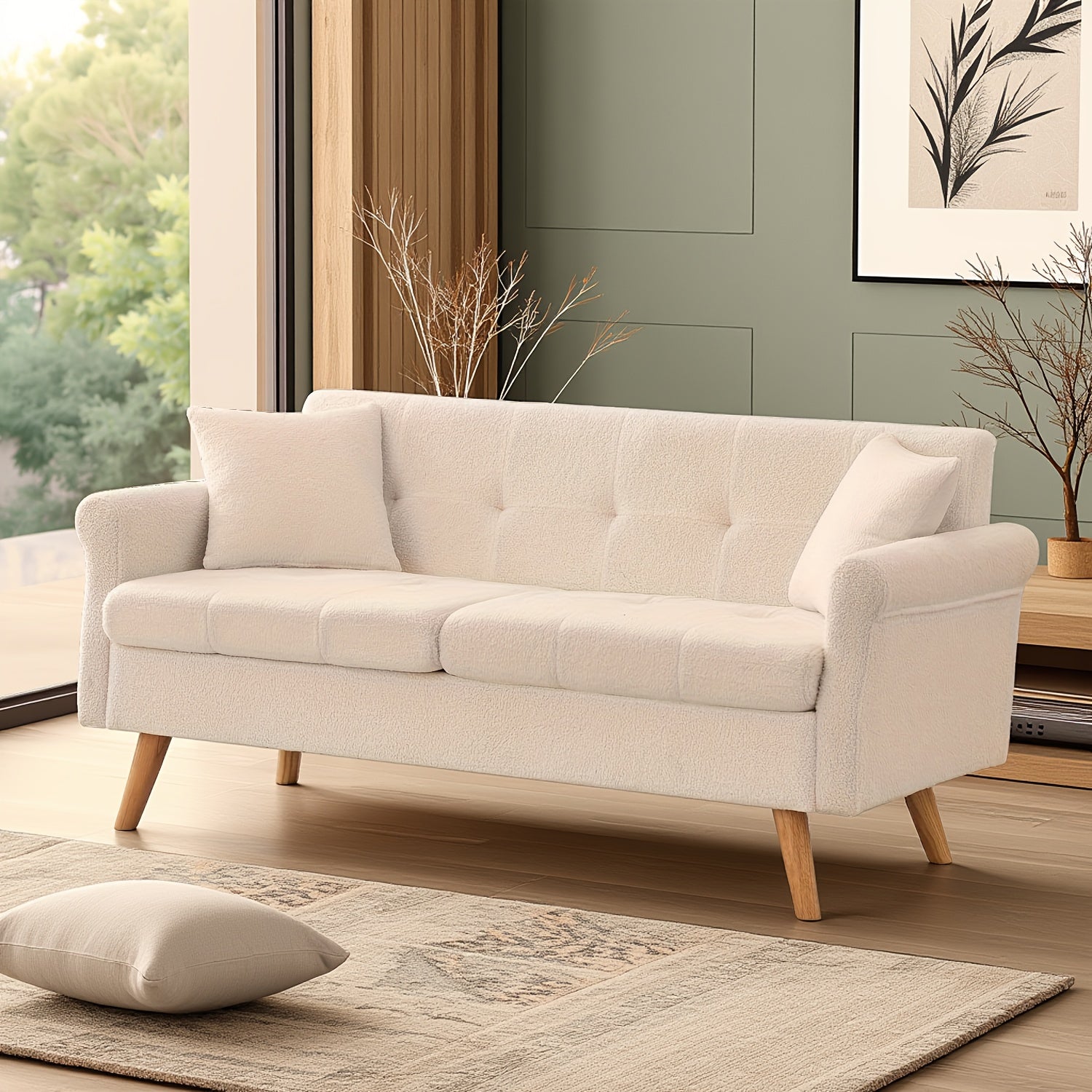 Loveseat Sofa, Boucle Small Sofa For Living Room, Bedroom, Office, Couch For Living Room Button Tufted Upholstered Furniture, Space-Saving, Easy To Install, Chunky Boucle Fabric