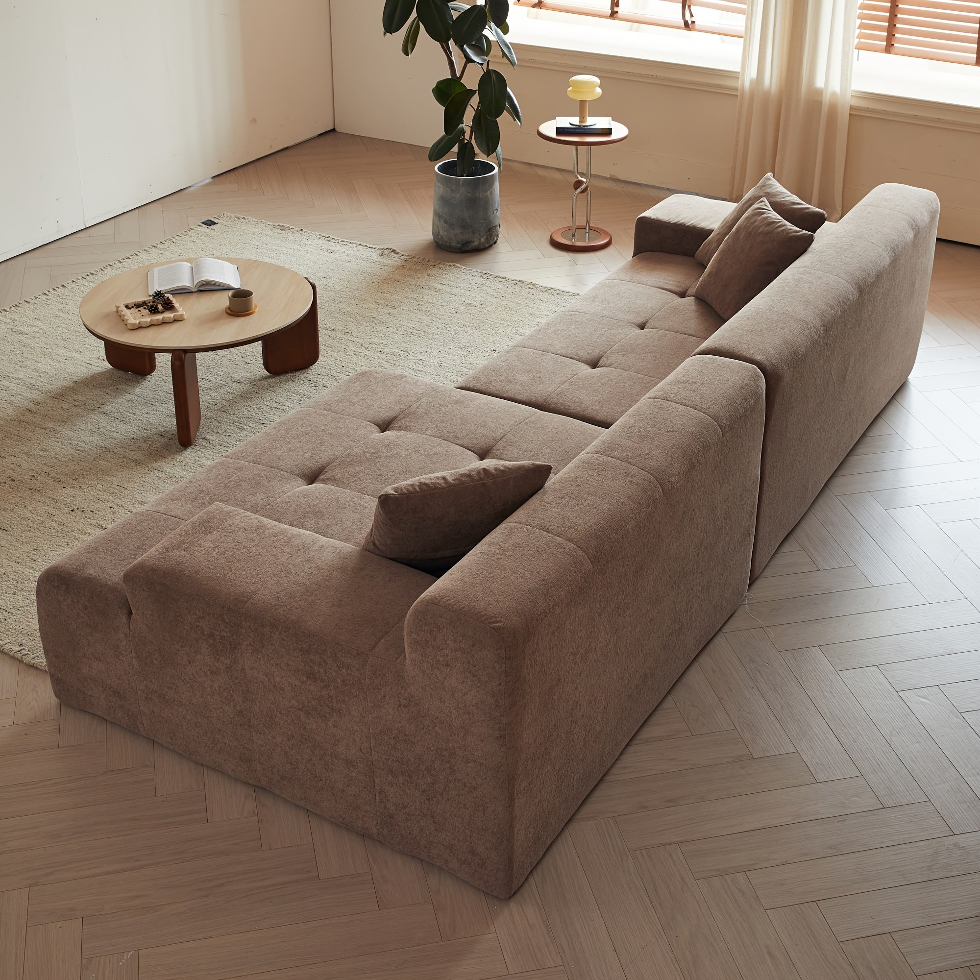 120-Inch Sectional Sofas Designed for Modern Living Rooms, Featuring an L-Shaped Design, Upholstered Without Boning, Deep Seating, Made of Chenille Fabric, And Includes a Chaise with No Assembly Needed