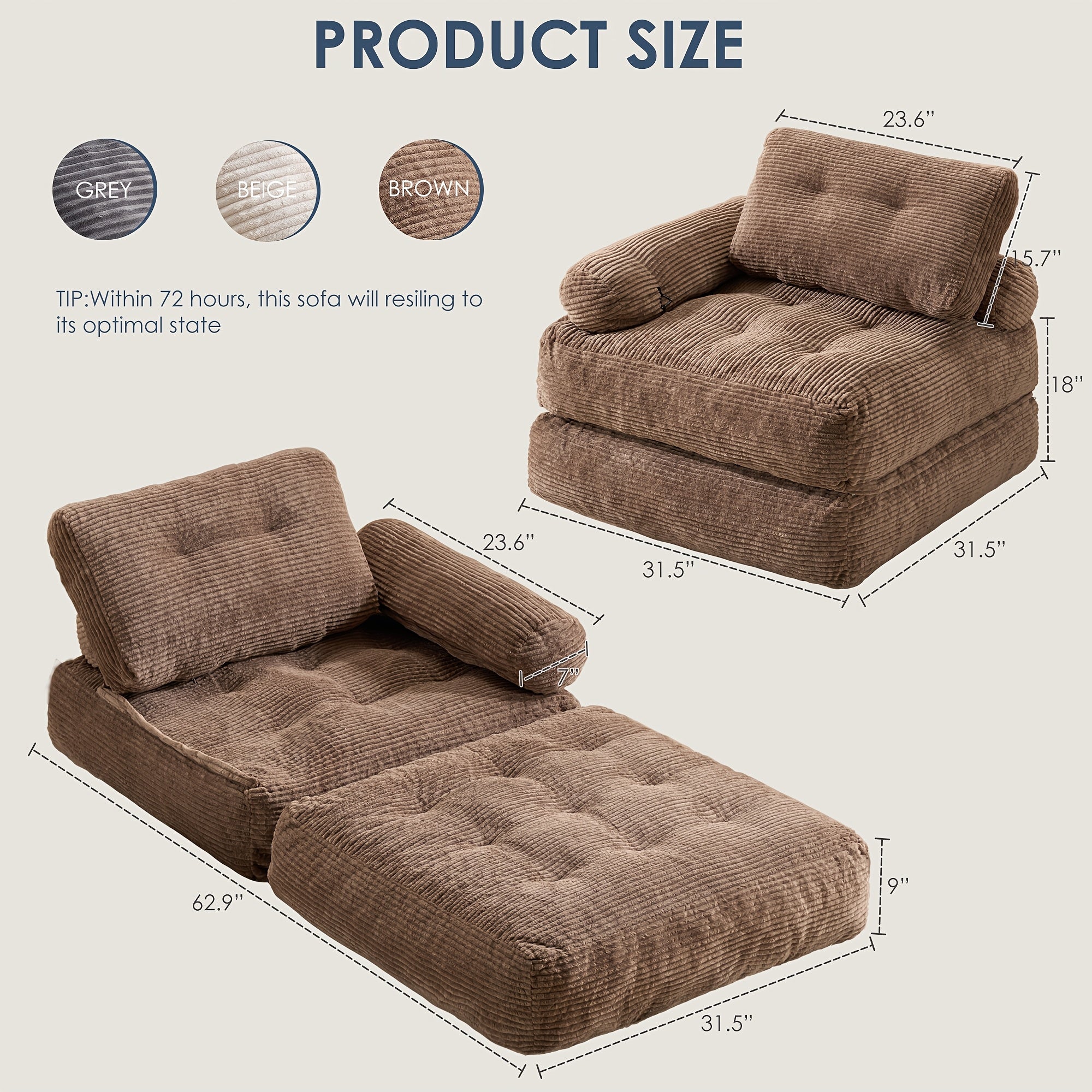 Folding Sofa Bed with Armrest | Convertible Sleeper Chair for Adults, Brown Foam Filled Couch with Pillow, Single Size Floor Mattress, Contemporary Style, Suitable for Various Room Types