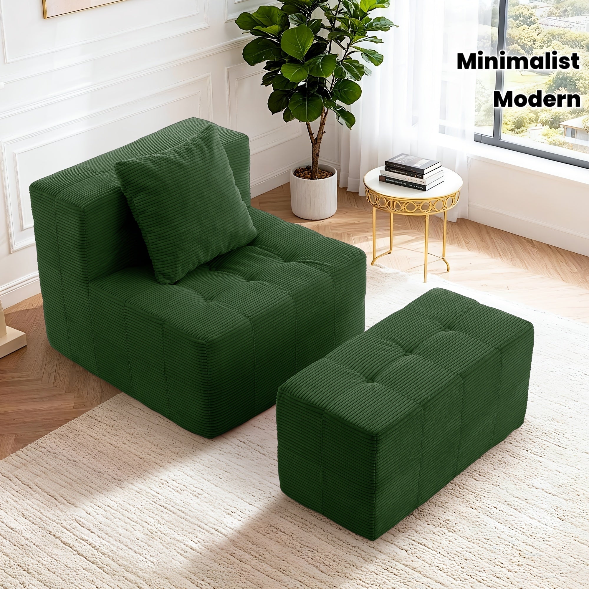 Modern Single Sofa With Footstool | 16-Inch Thick Corduroy Cushion, Armless Platform, Minimalist Beanbag Chair, Floor-Standing, Suitable For Small Spaces, Christmas Gift - Green, Non-Adjustable, Sponge Fill