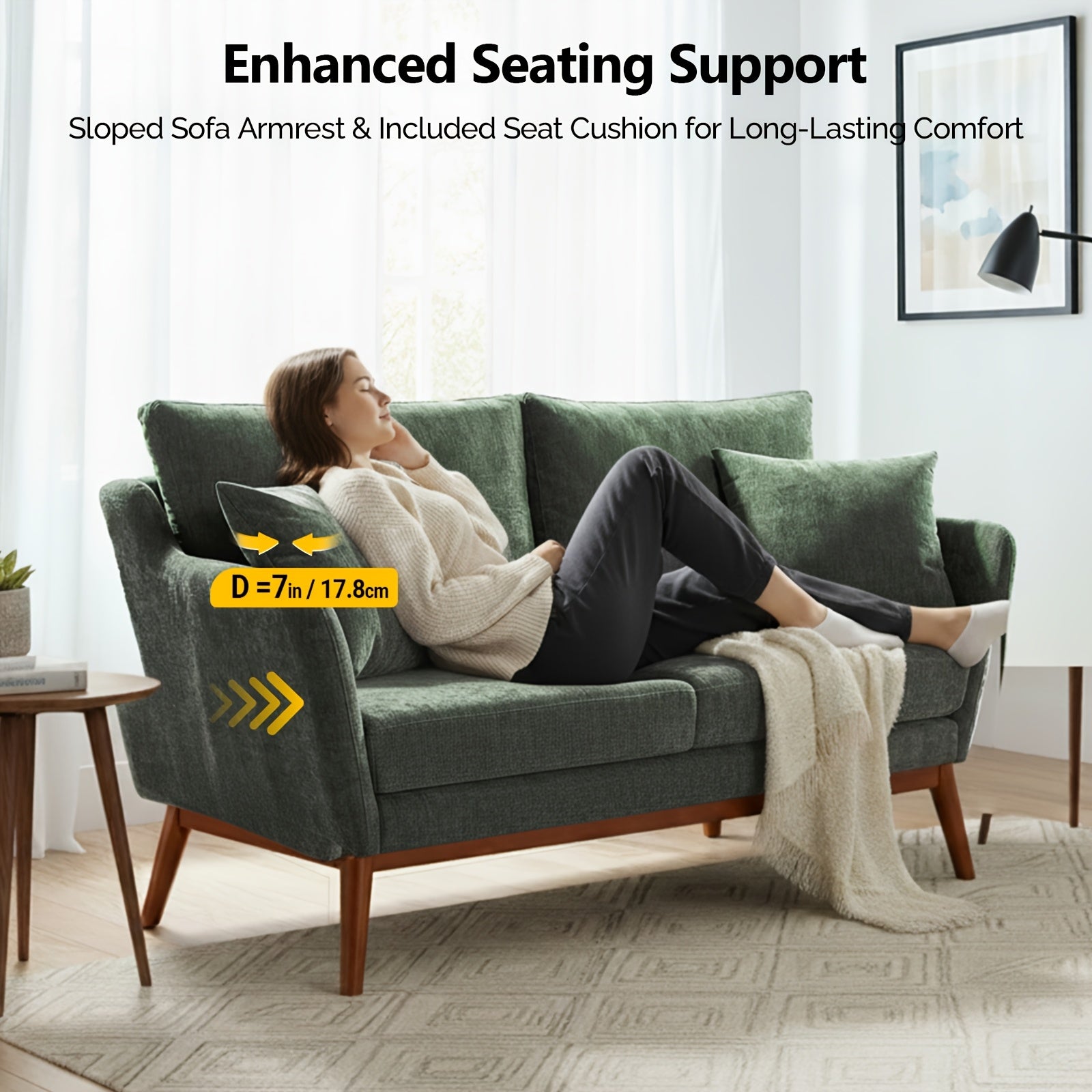 Bonnlo 2-Seater Love Seat Sofa with Solid Wood Frame & Linen Upholstery - Mid-Century Modern Minimalist Design, 2 Cushioned Seats & 2 Pillows