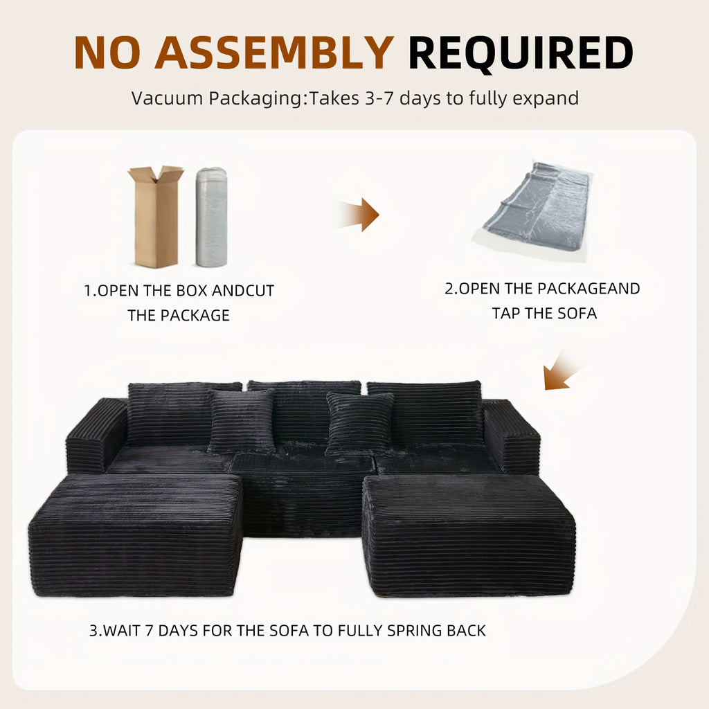 Modular U-Shaped Sofa Modular U-Shaped 110.24-inch Combination Sofa | Striped Fabric Four-Seater with Lounge Chair, Soft Cushion for Living Room & Bedroom - Corduroy, Free-Combination (Black\u002FGray)
