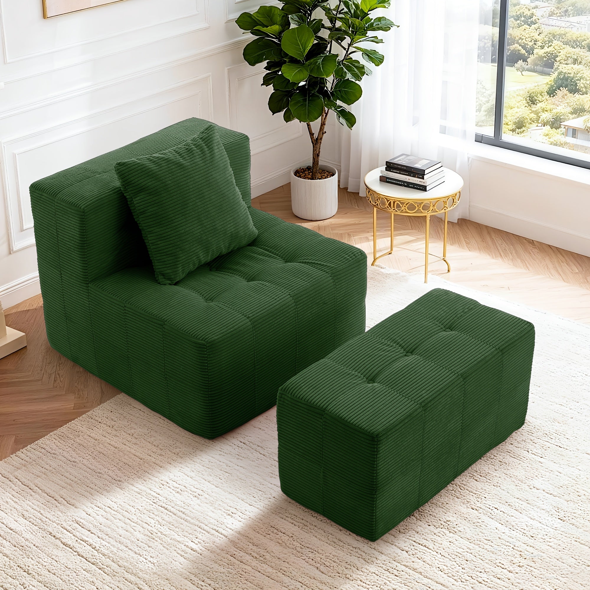 Modern Single Sofa With Footstool | 16-Inch Thick Corduroy Cushion, Armless Platform, Minimalist Beanbag Chair, Floor-Standing, Suitable For Small Spaces, Christmas Gift - Green, Non-Adjustable, Sponge Fill