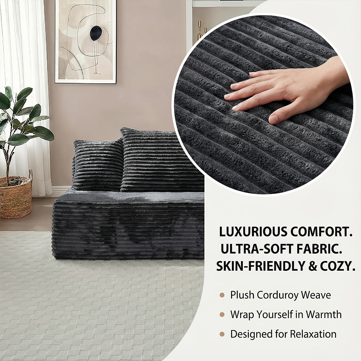 Corduroy 2-Seater Sofa with Pillows | No Assembly Required, Free Placement, Boneless High-Density Sponge Filling, Universal for Living Room, Bedroom & Guest Room, KELYDA Brand