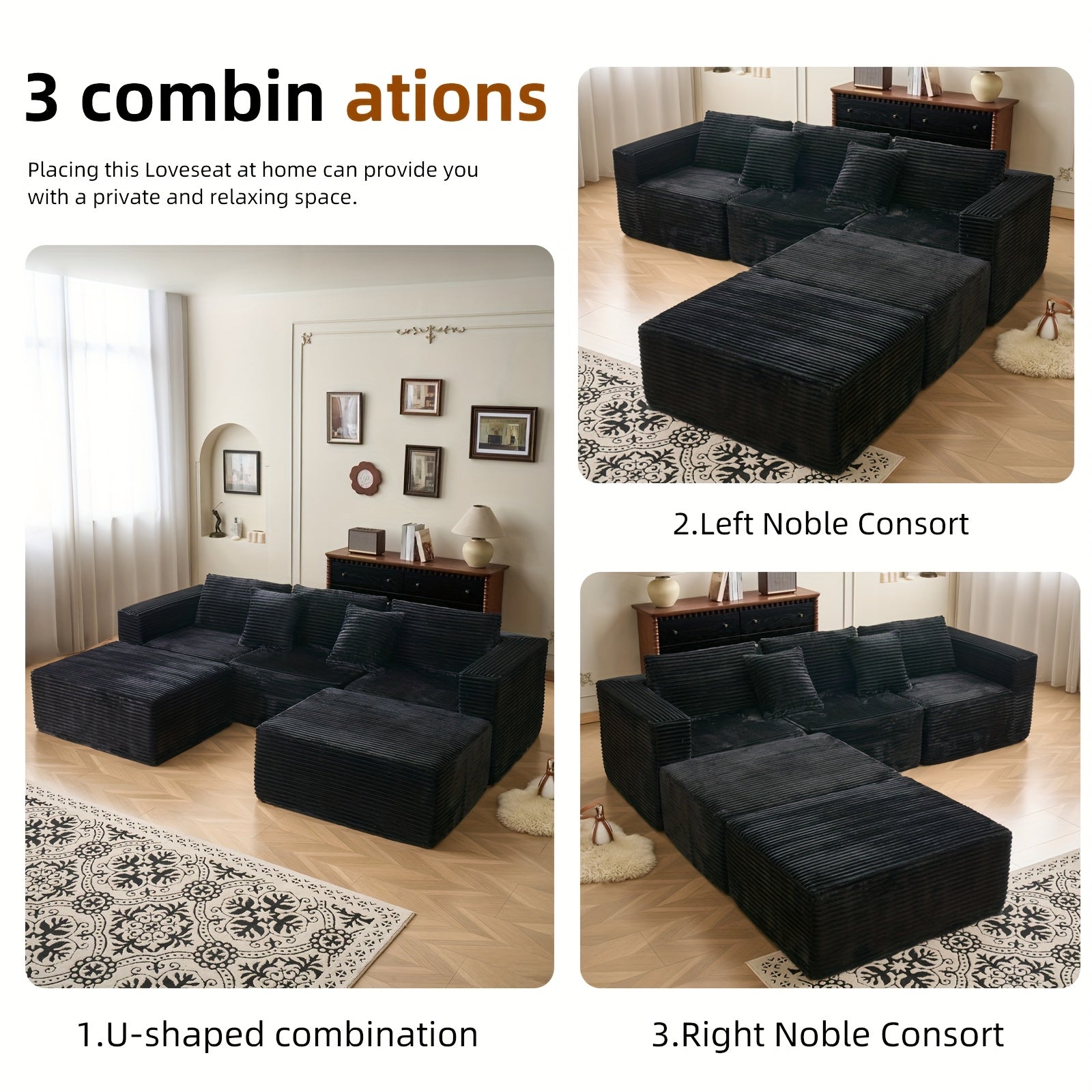 Modular U-Shaped Sofa Modular U-Shaped 110.24-inch Combination Sofa | Striped Fabric Four-Seater with Lounge Chair, Soft Cushion for Living Room & Bedroom - Corduroy, Free-Combination (Black\u002FGray)