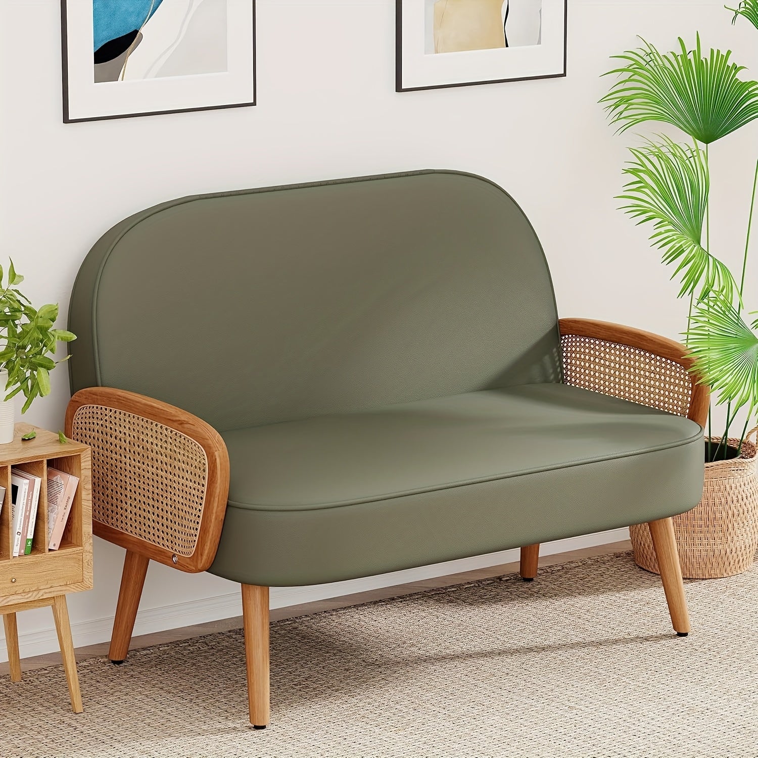 Modern White Faux Leather Loveseat with Natural Rattan Arms – 45\